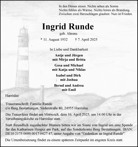Traueranzeige von Ingrid Runde von Flensburger Tageblatt