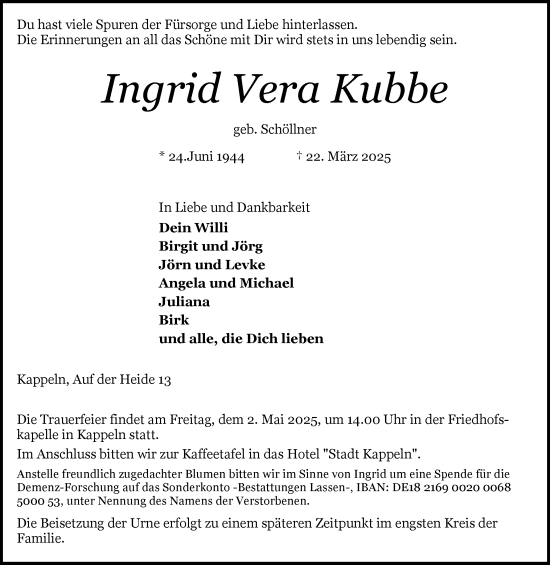 Traueranzeige von Ingrid Vera Kubbe von Schleswiger Nachrichten, Schlei-Bote
