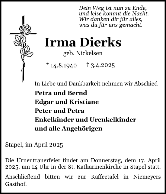 Traueranzeige von Irma Dierks von Husumer Nachrichten, Nordfriesland Tageblatt