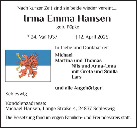 Traueranzeige von Irma Emma Hansen von Schleswiger Nachrichten, Schlei-Bote