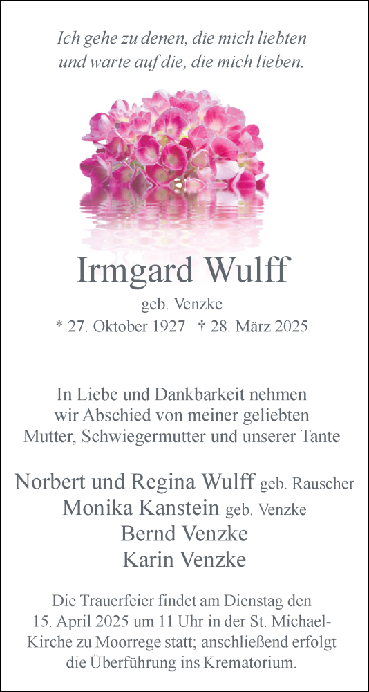 Traueranzeige von Irmgard Wulff von Uetersener Nachrichten, Der tip am Wochenende