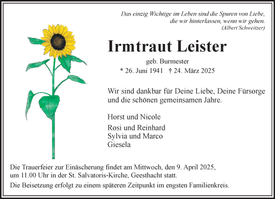 Traueranzeige von Irmtraut Leister von Wochenend Anzeiger