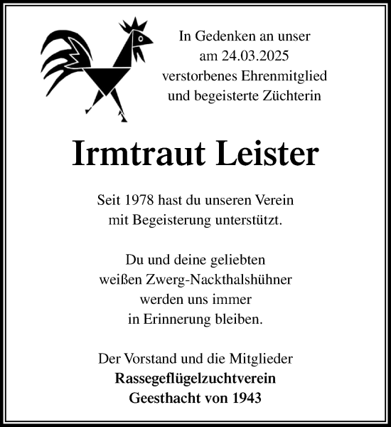 Traueranzeige von Irmtraut Leister von Wochenend Anzeiger