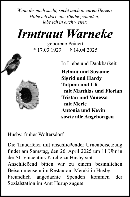 Traueranzeige von Irmtraut Warneke von Flensburger Tageblatt