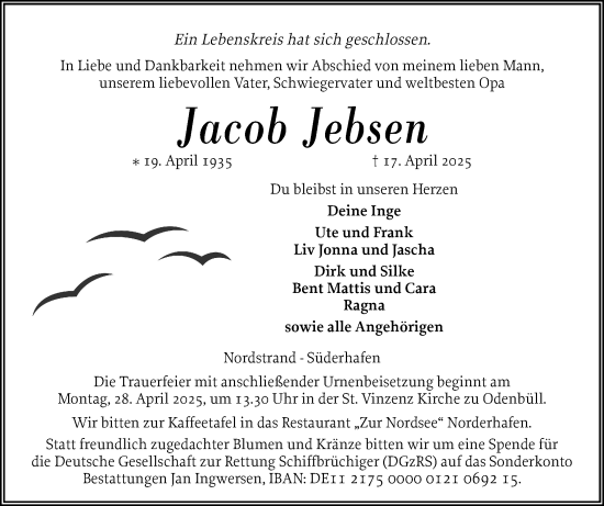 Traueranzeige von Jacob Jebsen von Husumer Nachrichten, Nordfriesland Tageblatt