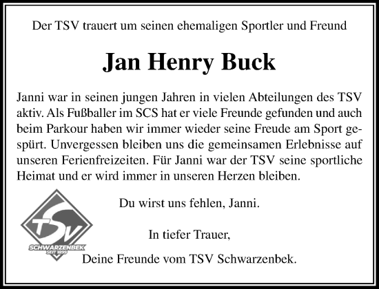 Traueranzeige von Jan Henry Buck von Wochenend Anzeiger