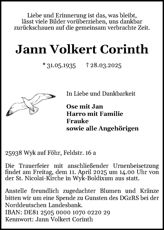 Traueranzeige von Jann Volkert Corinth von Der Insel-Bote