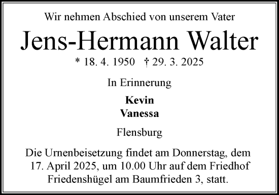Traueranzeige von Jens-Hermann Walter von Flensburger Tageblatt