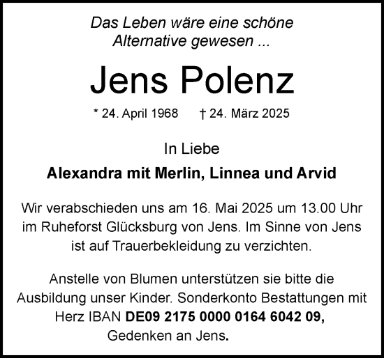 Traueranzeige von Jens Polenz von Flensburger Tageblatt