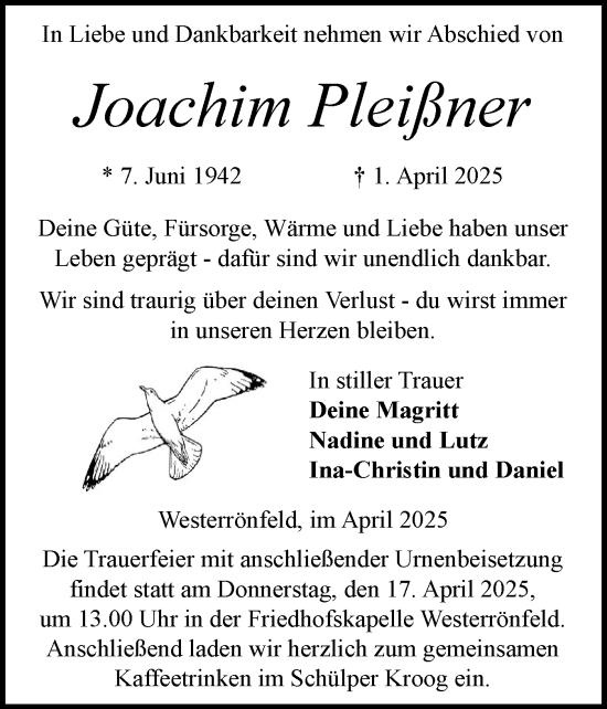 Traueranzeige von Joachim Pleißner von Schleswig-Holsteinische Landeszeitung