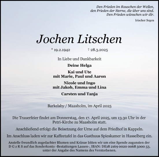 Traueranzeige von Jochen Litschen von Schleswiger Nachrichten, Schlei-Bote