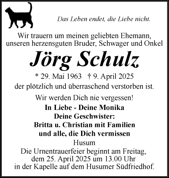 Traueranzeige von Jörg Schulz von Husumer Nachrichten, Nordfriesland Tageblatt