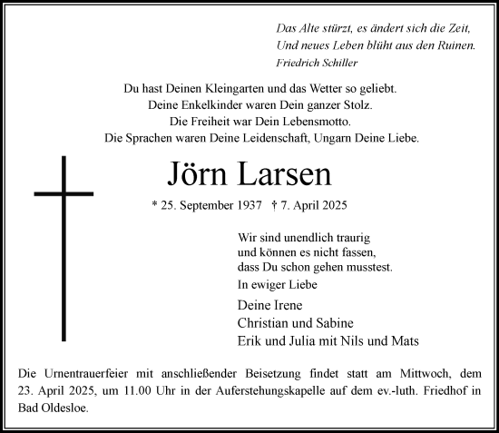 Traueranzeige von Jörn Larsen von MARKT Bad Oldesloe/Reinfeld und Stormarner Tageblatt