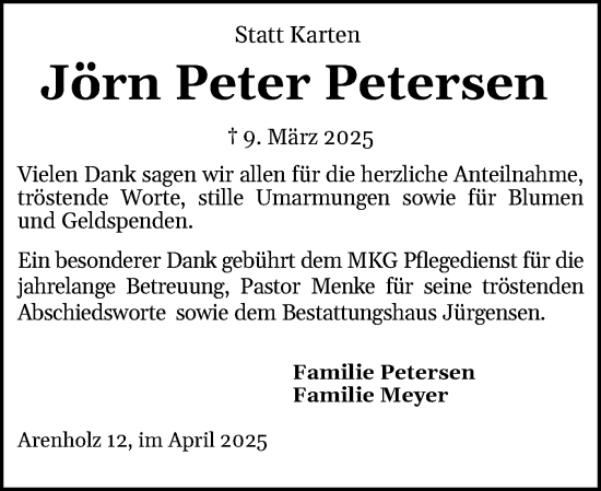 Traueranzeige von Jörn Peter Petersen von Schleswiger Nachrichten, Schlei-Bote