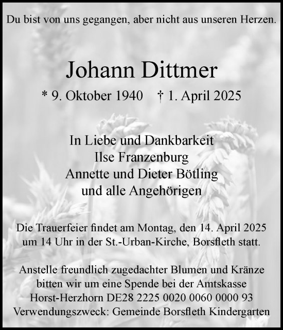 Traueranzeige von Johann Dittmer von Norddeutsche Rundschau, Wilstersche Zeitung, Glückstädter Fortuna