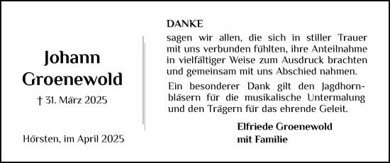 Traueranzeige von Johann Groenewold von Schleswig-Holsteinische Landeszeitung