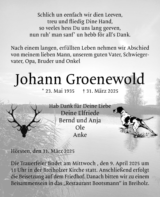 Traueranzeige von Johann Groenewold von Schleswig-Holsteinische Landeszeitung