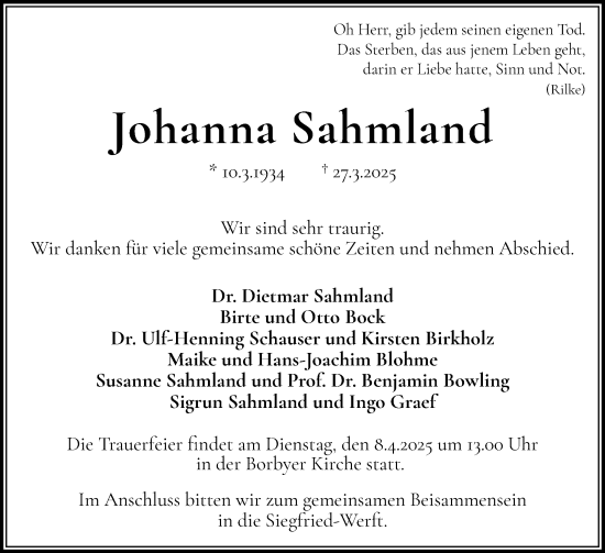 Traueranzeige von Johanna Sahmland von Eckernförder Zeitung, Hallo Eckernförde