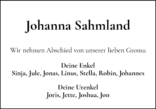 Traueranzeige von Johanna Sahmland von Eckernförder Zeitung, Hallo Eckernförde