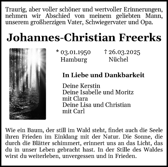Traueranzeige von Johannes-Christian Freerks von Ostholsteiner Anzeiger