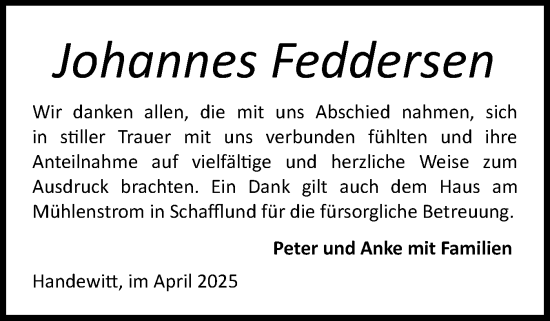 Traueranzeige von Johannes Feddersen von Flensburger Tageblatt