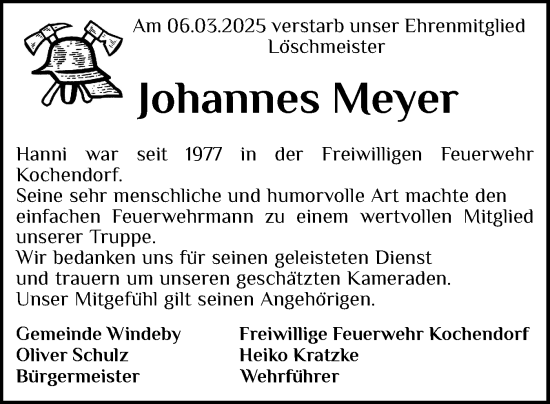 Traueranzeige von Johannes Meyer von Eckernförder Zeitung, Hallo Eckernförde