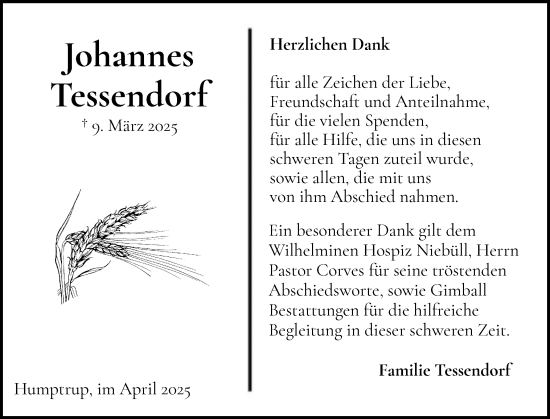 Traueranzeige von Johannes Tessendorf von Husumer Nachrichten, Nordfriesland Tageblatt
