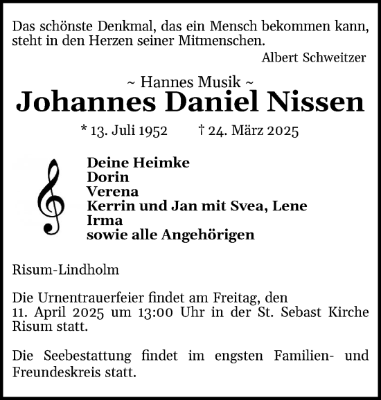 Traueranzeige von Johannes Daniel Nissen von Husumer Nachrichten, Nordfriesland Tageblatt