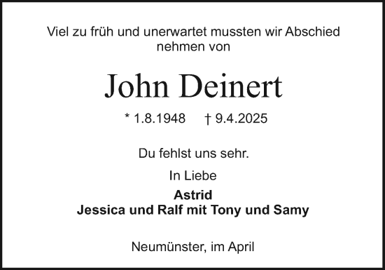 Traueranzeige von John Deinert von Holsteinischer Courier