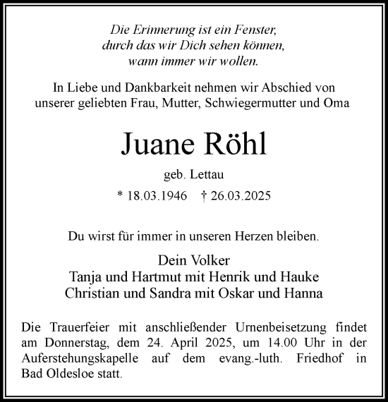 Traueranzeige von Juane Röhl von MARKT Bad Oldesloe/Reinfeld und Stormarner Tageblatt