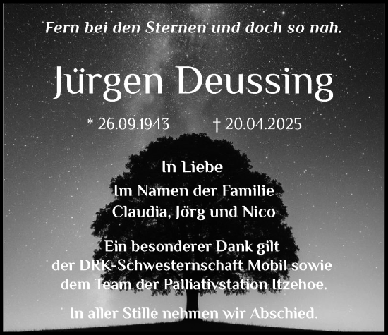 Traueranzeige von Jürgen Deussing von Norddeutsche Rundschau, Wilstersche Zeitung, Glückstädter Fortuna