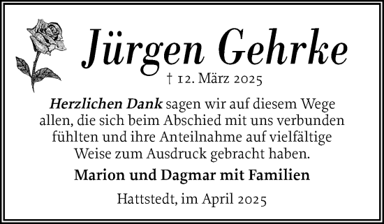 Traueranzeige von Jürgen Gehrke von Husumer Nachrichten, Nordfriesland Tageblatt