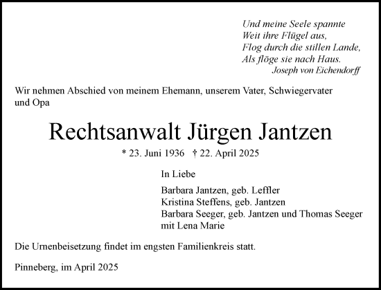 Traueranzeige von Jürgen Jantzen von Region Pinneberg und tip Pinneberg