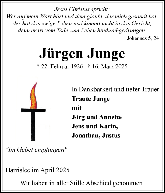 Traueranzeige von Jürgen Junge von Flensburger Tageblatt