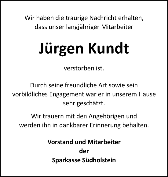 Traueranzeige von Jürgen Kundt von Uetersener Nachrichten, Der tip am Wochenende
