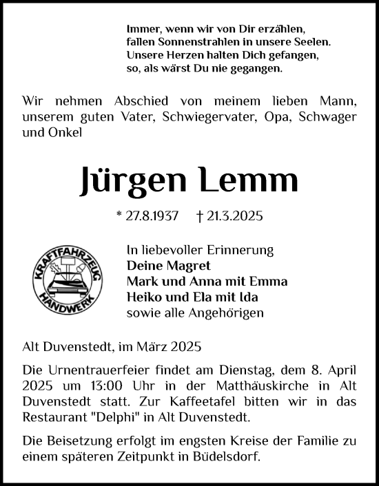 Traueranzeige von Jürgen Lemm von Schleswig-Holsteinische Landeszeitung
