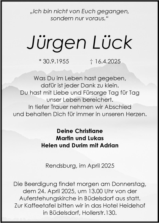 Traueranzeige von Jürgen Lück von Schleswig-Holsteinische Landeszeitung