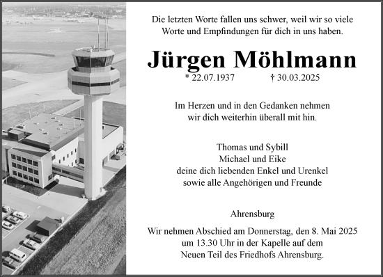 Traueranzeige von Jürgen Möhlmann von MARKT Ahrensburg/Bargteheide/Trittau und Stormarner Tageblatt