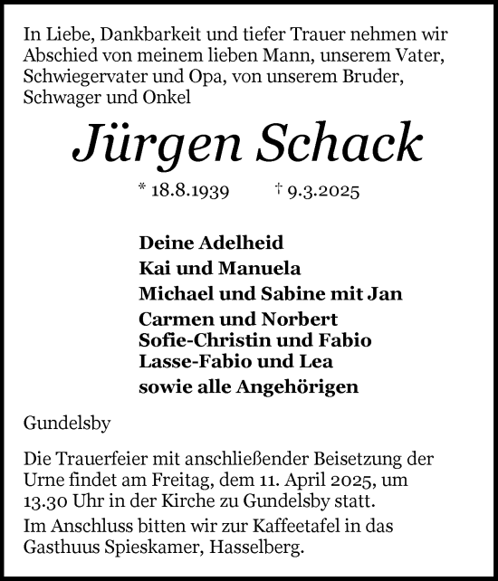 Traueranzeige von Jürgen Schack von Schleswiger Nachrichten, Schlei-Bote