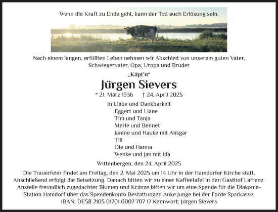 Traueranzeige von Jürgen Sievers von Schleswig-Holsteinische Landeszeitung