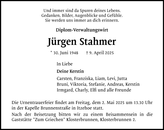 Traueranzeige von Jürgen Stahmer von Norddeutsche Rundschau, Wilstersche Zeitung, Glückstädter Fortuna