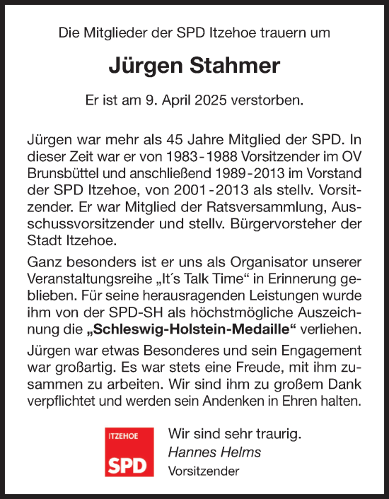 Traueranzeige von Jürgen Stahmer von Norddeutsche Rundschau, Wilstersche Zeitung, Glückstädter Fortuna