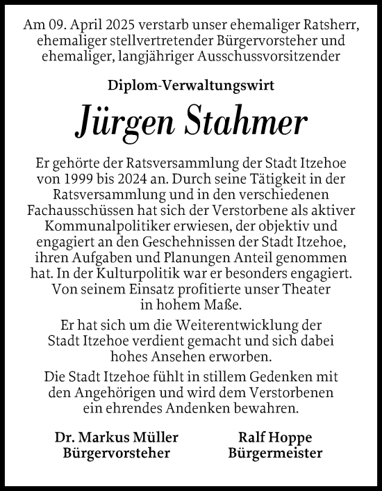 Traueranzeige von Jürgen Stahmer von Norddeutsche Rundschau, Wilstersche Zeitung, Glückstädter Fortuna