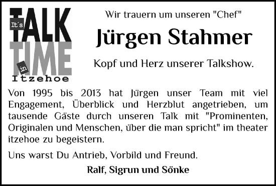 Traueranzeige von Jürgen Stahmer von Norddeutsche Rundschau, Wilstersche Zeitung, Glückstädter Fortuna
