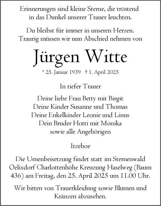 Traueranzeige von Jürgen Witte von Norddeutsche Rundschau, Wilstersche Zeitung, Glückstädter Fortuna