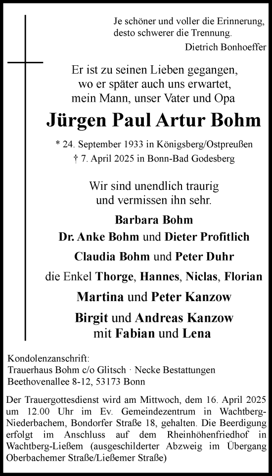 Traueranzeige von Jürgen Paul Artur Bohm von Holsteinischer Courier