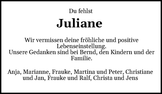 Traueranzeige von Juliane  von Flensburger Tageblatt