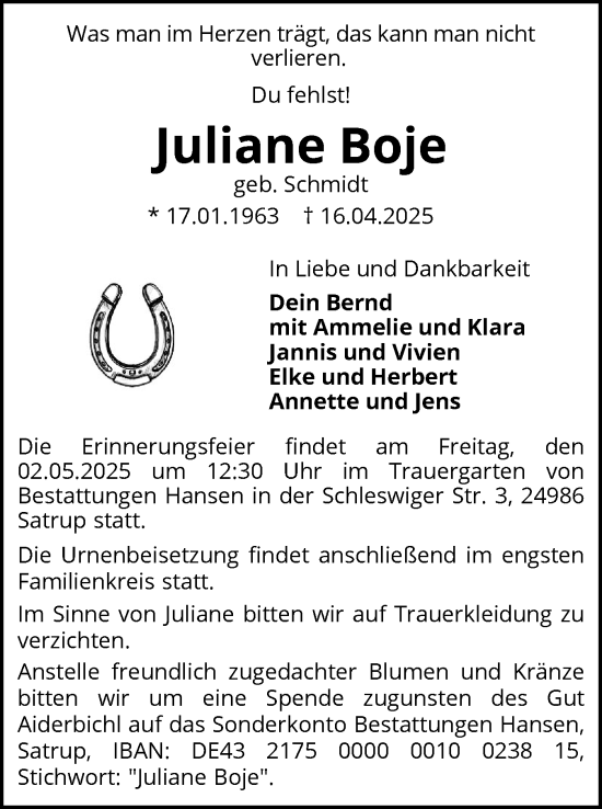 Traueranzeige von Juliane Boje von Flensburger Tageblatt