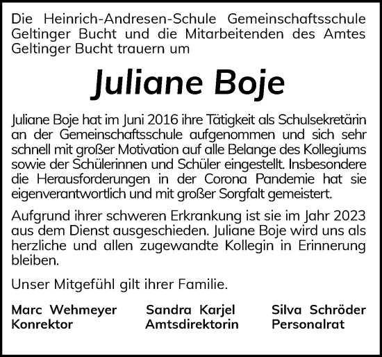 Traueranzeige von Juliane Boje von Flensburger Tageblatt