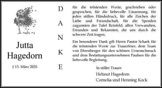 Traueranzeige von Jutta Hagedorn von MARKT Bad Oldesloe/Reinfeld, MARKT Ahrensburg/Bargteheide/Trittau und Stormarner Tageblatt